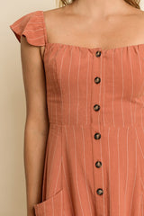 Brown Pinstripe Flutter Sleeve Midi Dress
