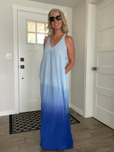 Blue V Neck Ombre Maxi Dress 